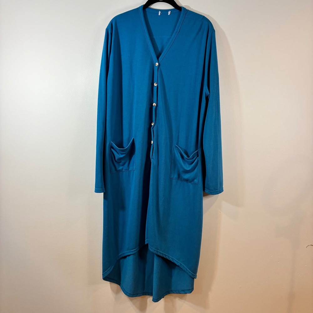 Duster Maxi Cardigan Long Sleeve Pockets Hi-Lo Hem Button Front Knit Casual Teal
